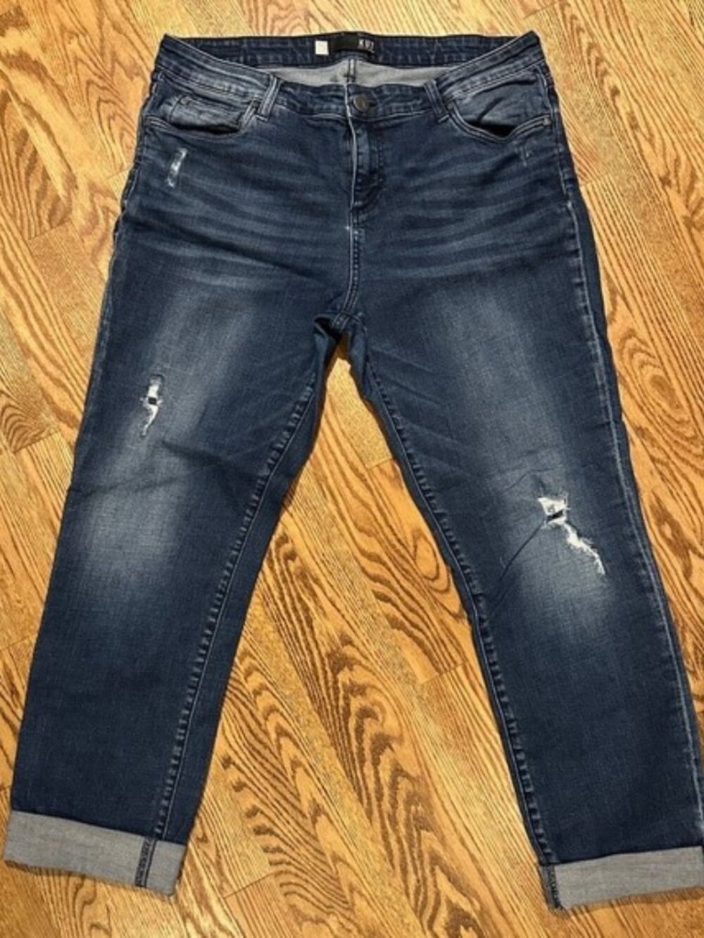 Kut Dark Blue Distressed Boyfriend Jeans with cuff. Sz 14